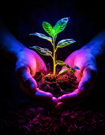 Hands holding soil with glowing seedling in futuristic lightingの素材