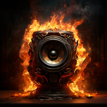 Burning speaker engulfed in flames against dark backgroundの素材