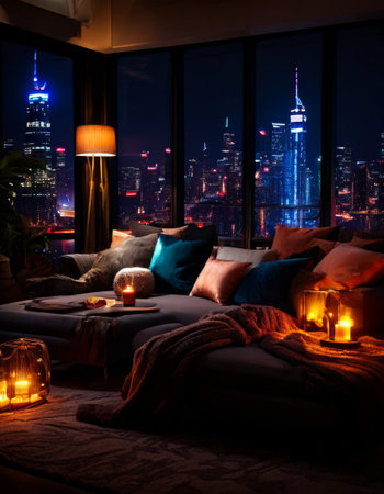 Modern living room with city skyline view at nightの素材