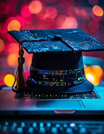 Futuristic graduation cap on laptop with digital backgroundの素材