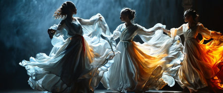 Graceful dancers in flowing dresses performing on stageの素材