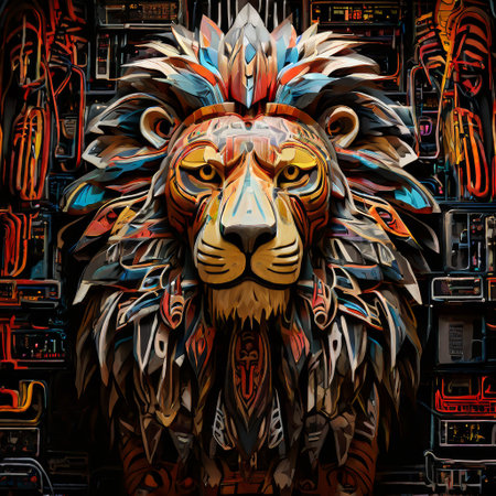 Abstract lion head art with vibrant colors and intricate patternsの素材
