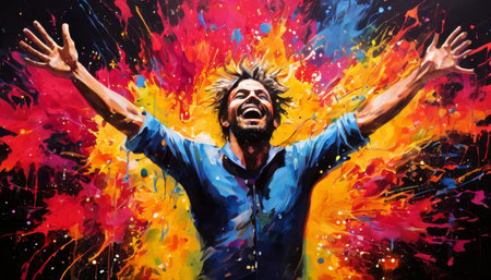 Joyful man celebrating in a burst of vibrant colorsの素材