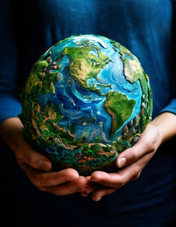Hands holding Earth model symbolizing global care and protectionの素材