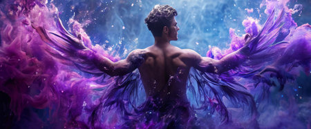 Fantasy scene of man with abstract purple wings in mistの素材