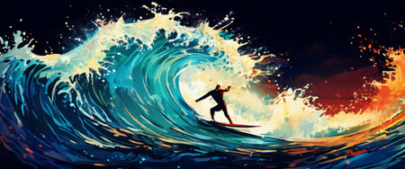 Surfer riding a huge ocean wave at sunset in a vibrant digital paintingの素材