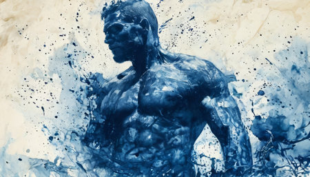 Abstract muscular figure in blue ink splashesの素材