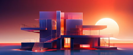 Modern geometric house design at sunset with glowing warm lightの素材