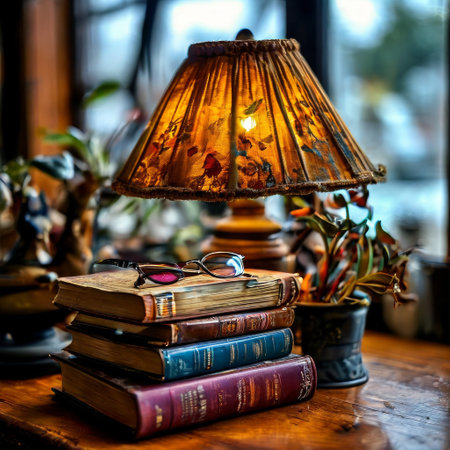 Vintage table lamp with old books and reading glasses on a wooden tableの素材