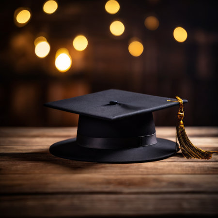 Black graduation cap on wooden table with warm bokeh lightsの素材