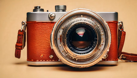 Vintage leather camera with metallic accents on beige backgroundの素材