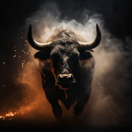 Bull charging through smoke and fire in dramatic sceneの素材