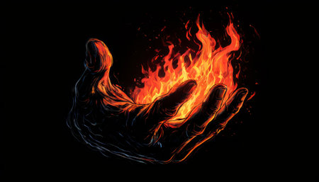 Hand holding blazing fire in darkness, digital artの素材