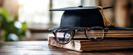 Graduation cap and glasses on books symbolize academic successの素材