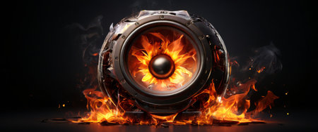 Speaker engulfed in fiery flames against dark backgroundの素材