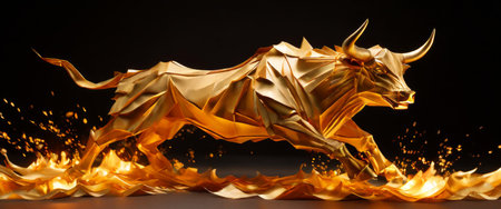 Golden origami bull running through flames in a stylized artworkの素材