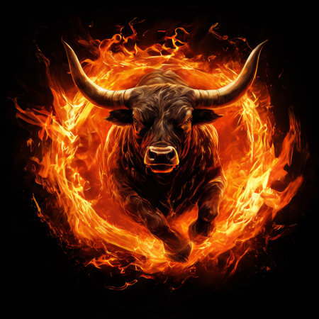 Bull leaping through a ring of fire in a fiery spectacleの素材