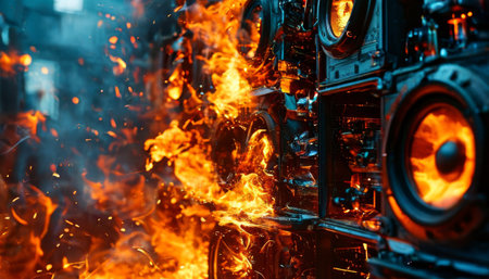 Row of speakers on fire with glowing flames and smokeの素材