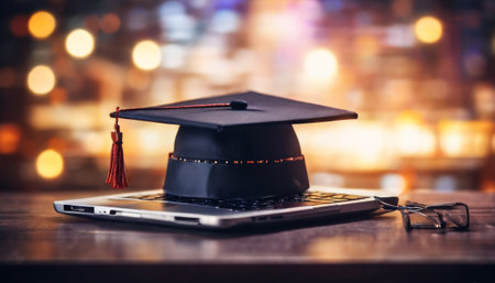 Graduation cap on laptop symbolizing online education and successの素材