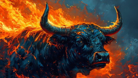 Bull engulfed in flames, fierce and fiery digital artの素材