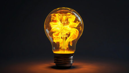 Glowing lightbulb with fiery flame insideの素材