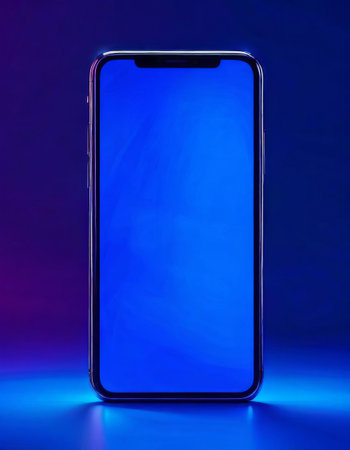 Smartphone with glowing blue screen on gradient backgroundの素材