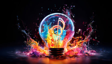 Creative light bulb with music note and vibrant splashes of colorの素材