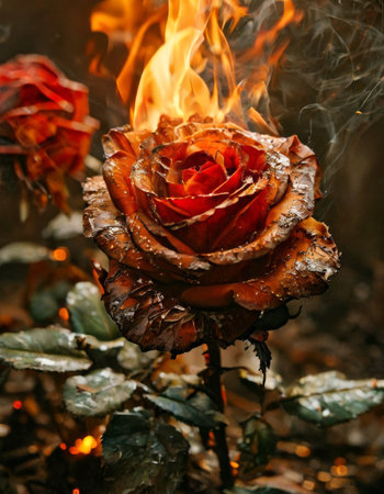 Burning rose with intense flames on dark backgroundの素材
