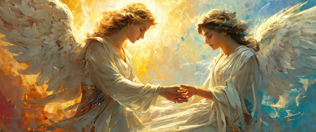 Two serene angels holding hands in divine lightの素材