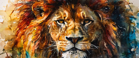 Vibrant watercolor lion portrait with intense gazeの素材