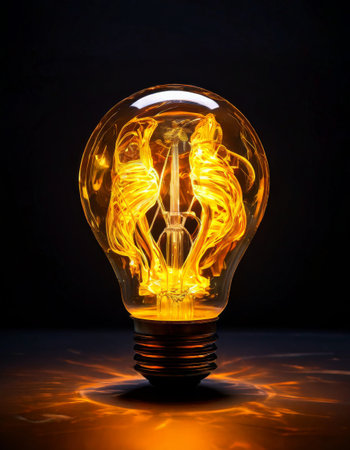 Glowing light bulb with unique filament pattern on dark backgroundの素材