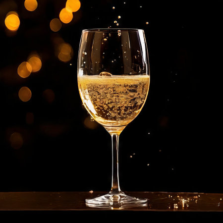 Glass of champagne with bubbles against dark backgroundの素材