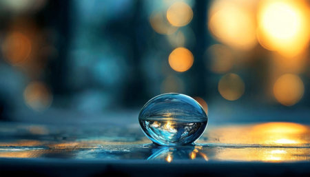 Glass orb reflecting abstract sunset with bokeh backgroundの素材
