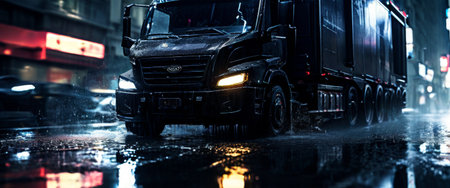 Large black truck driving on rainy city street at nightの素材