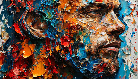 Abstract portrait of a man in vibrant painted texturesの素材