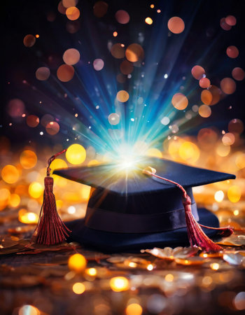 Graduation cap with glowing light and bokeh backgroundの素材