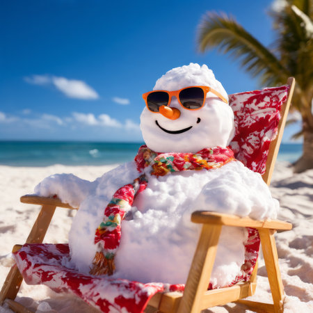 Snowman relaxing on tropical beach in sunglasses and scarfの素材
