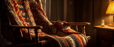 Cozy armchair with knit blanket, warm evening lightingの素材