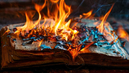 Old book engulfed in flames, fiery destruction conceptの素材