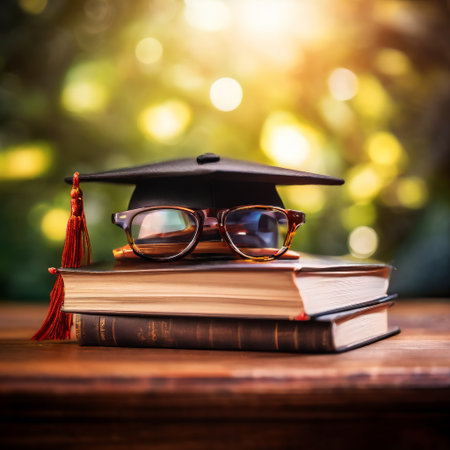 Graduation cap and glasses on books with sunny backgroundの素材