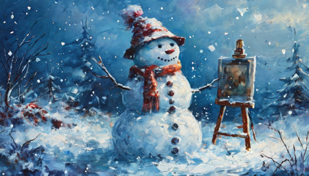 Snowman artist painting in winter wonderlandの素材