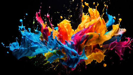 Explosion of colorful paint splashes on black backgroundの素材
