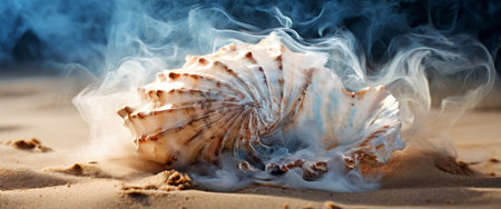 Smoky seashell on sandy beach under mysterious lightingの素材
