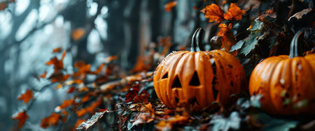 Halloween jack-o-lanterns with autumn leaves in misty forestの素材