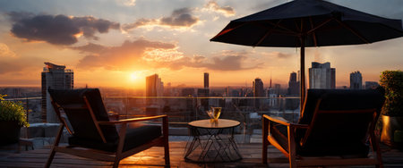 Rooftop terrace at sunset overlooking modern cityscapeの素材