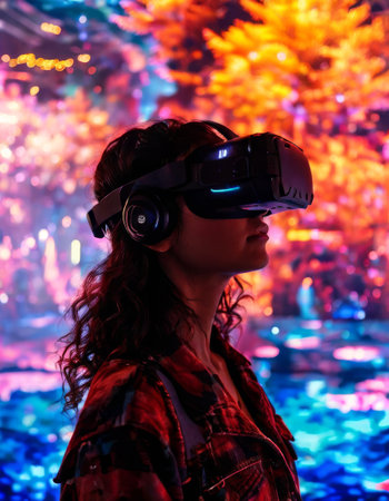 Woman experiencing virtual reality in a vibrant digital environmentの素材