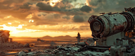 Rusted machinery in post-apocalyptic landscape at sunsetの素材
