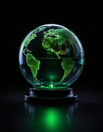 Transparent Earth globe with green continents on dark backgroundの素材