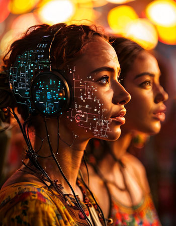 Futuristic woman with digital circuits projected on her faceの素材