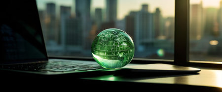 Green globe hologram on laptop in modern office environmentの素材